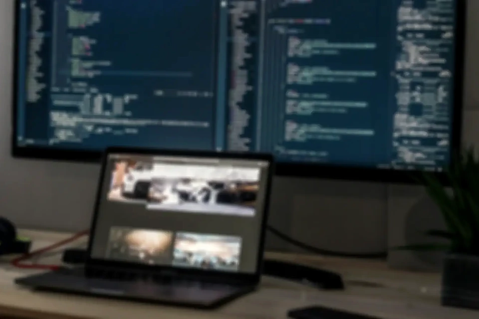 A Stackvel developer working on a business system across two displays