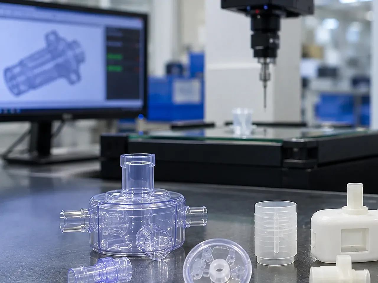 Moulded components being measured against their drawing on a client production floor