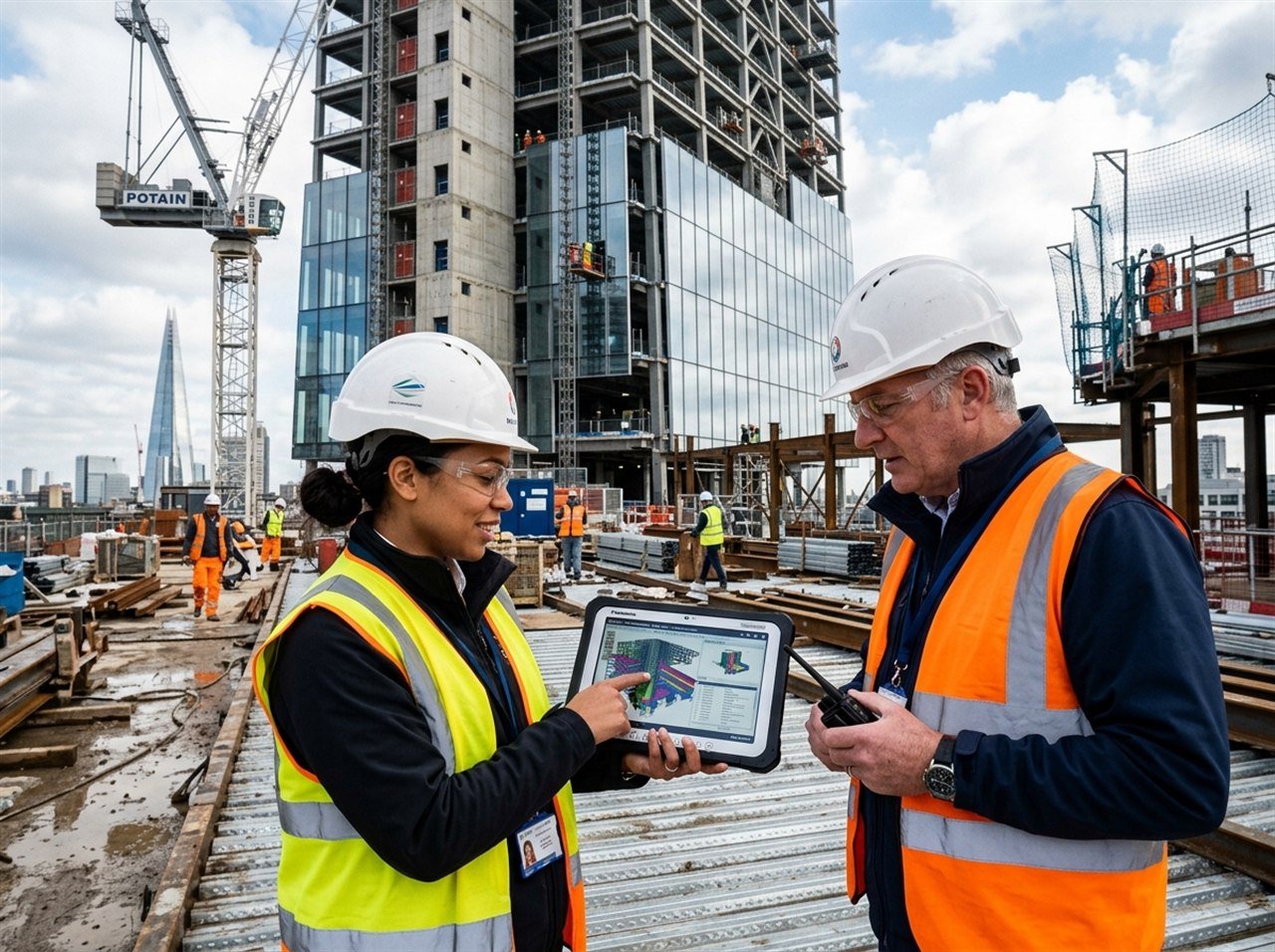 Civil engineers in safety gear reviewing 3D BIM architectural structural drawings on an outdoor tablet at a commercial building construction site