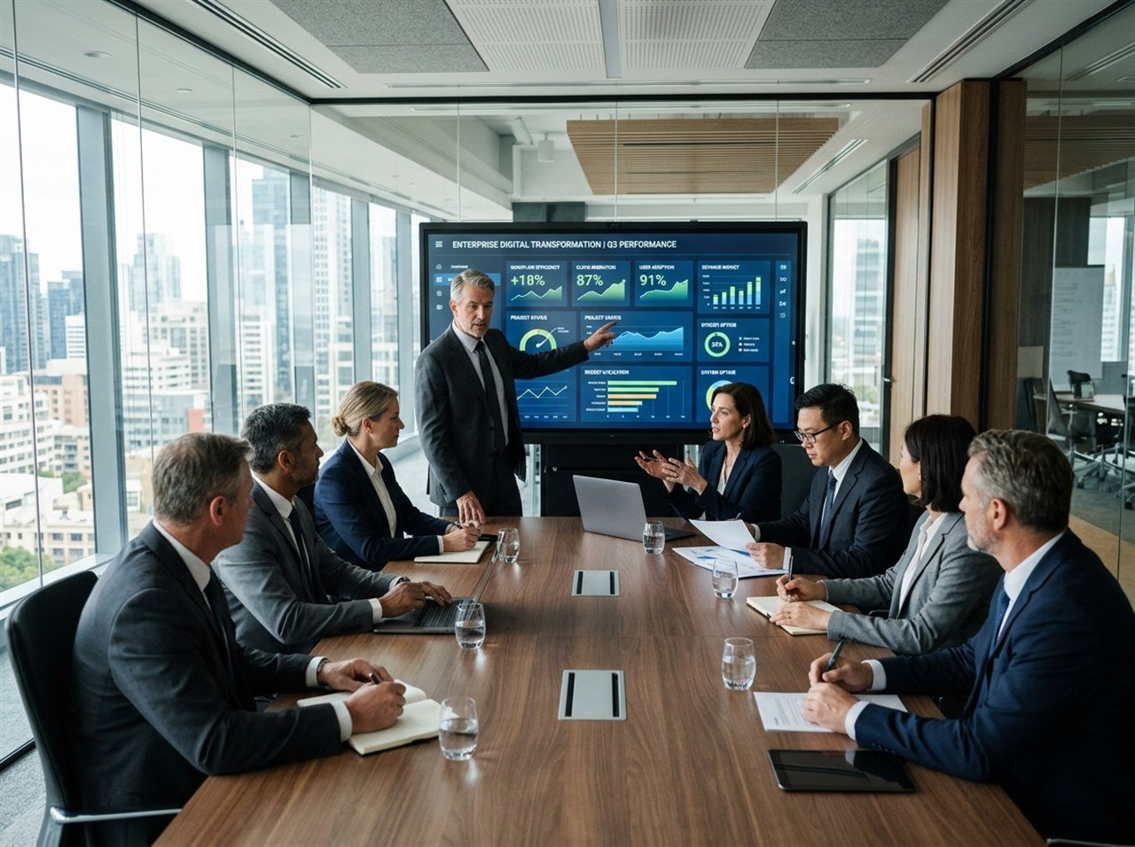 An executive corporate leadership team in a glass boardroom reviewing enterprise digital transformation dashboards and performance KPIs