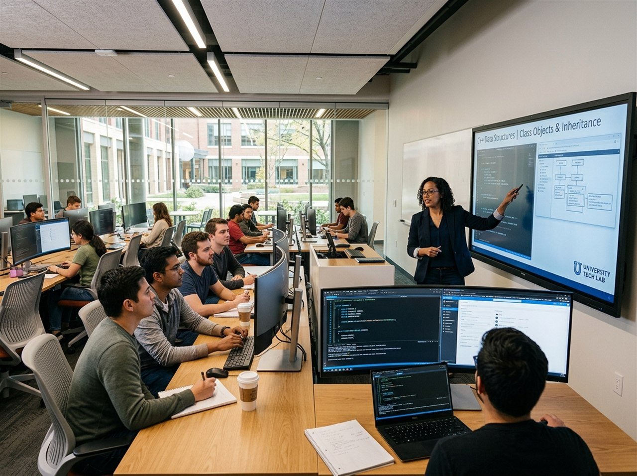 A university lecturer demonstrating code, software architecture, and campus systems in a modern computer lab