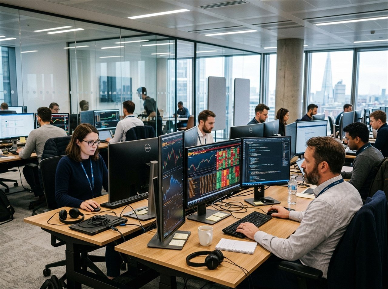 FinTech financial analysts and engineers in a modern office analyzing real-time financial market charts and transaction ledgers