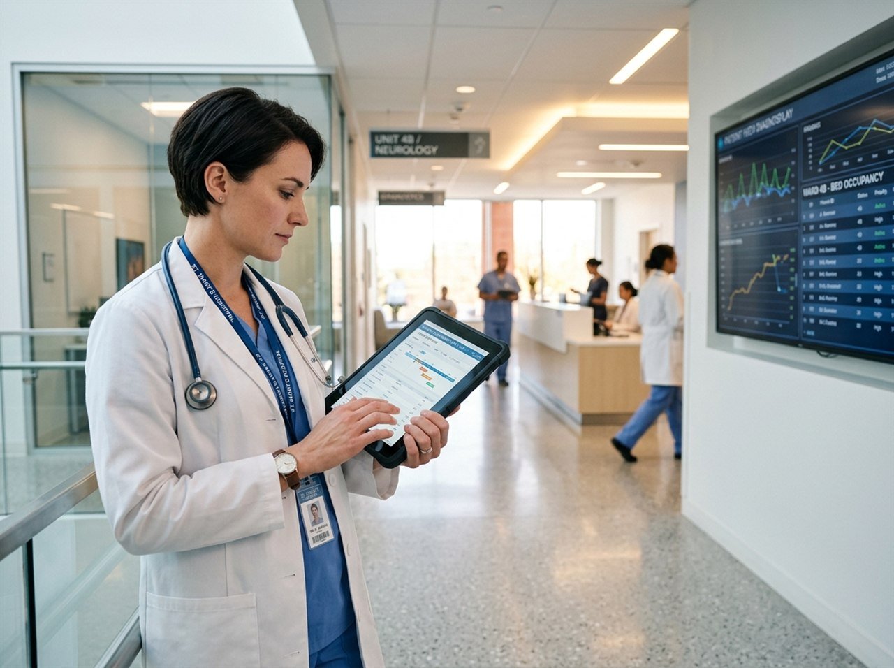 A hospital physician and clinical administrator managing patient records and hospital workflows on a digital tablet
