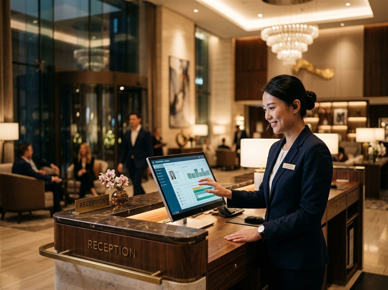 A hotel guest relations manager at a luxury reception desk managing reservations and bookings on a digital touchscreen terminal