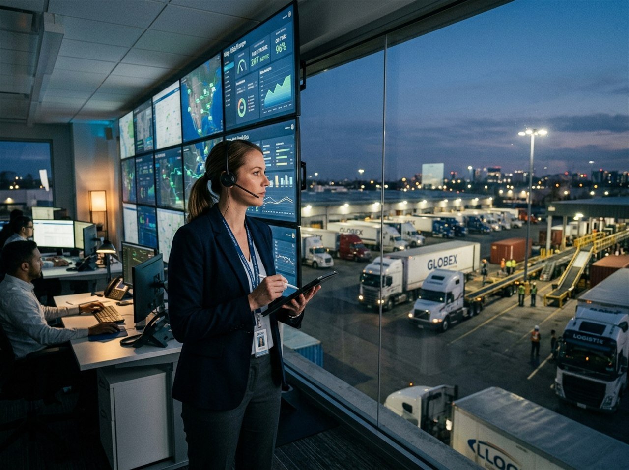 A logistics dispatch manager in a transport operations center monitoring live GPS fleet tracking routes across distribution hubs