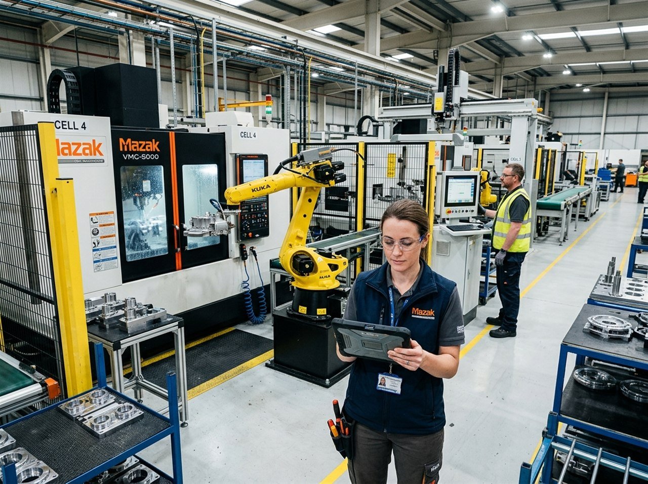 An automated smart manufacturing plant with CNC cells, robotic arms, and a production engineer monitoring real-time WIP metrics on a tablet