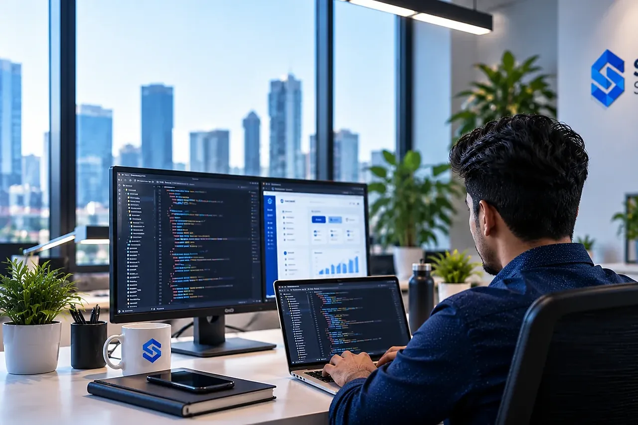 A Stackvel Solutions engineer working on a client platform across two displays