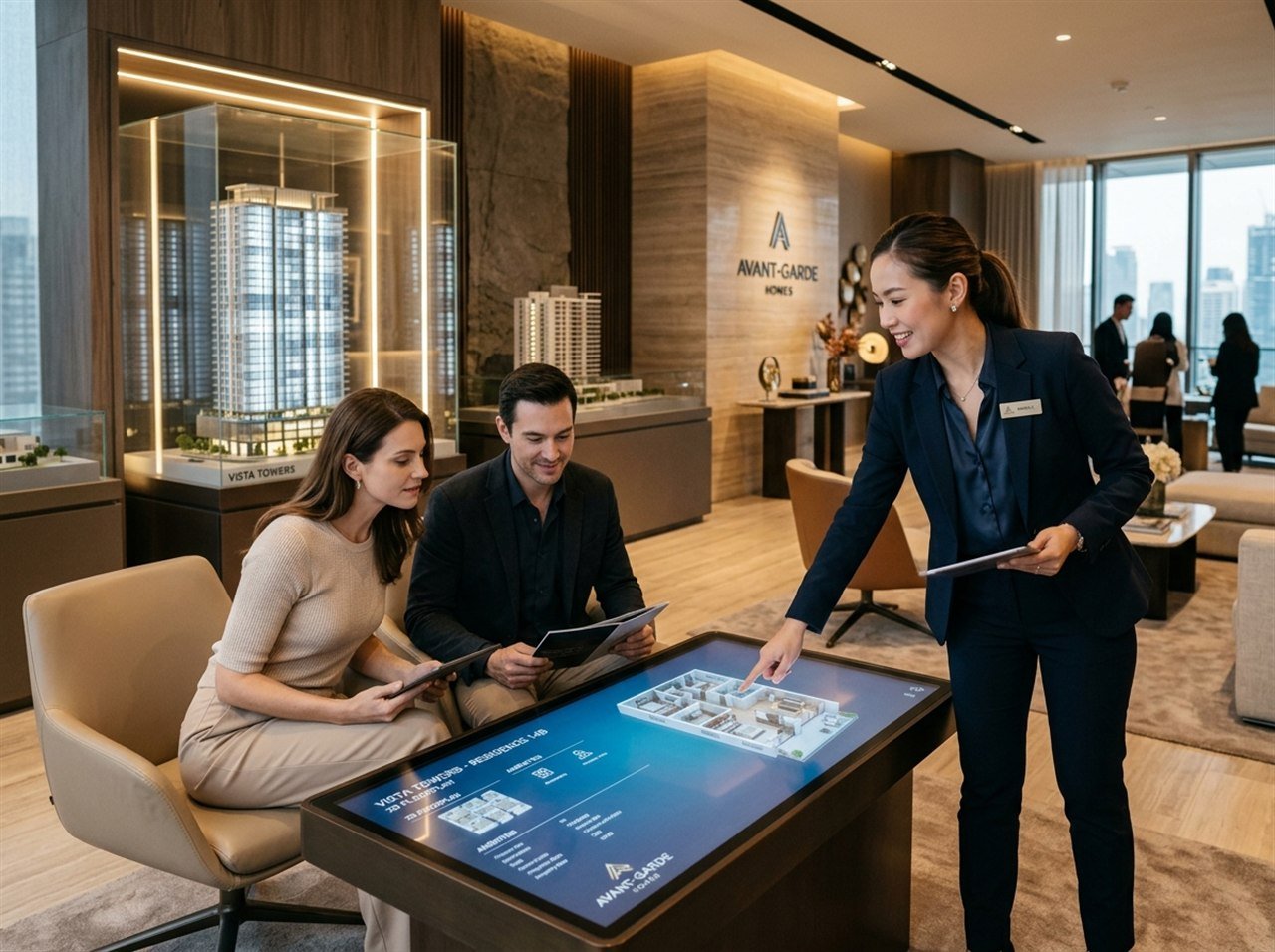 A real estate consultant presenting interactive 3D digital floorplans and property development details on a touchscreen table to clients