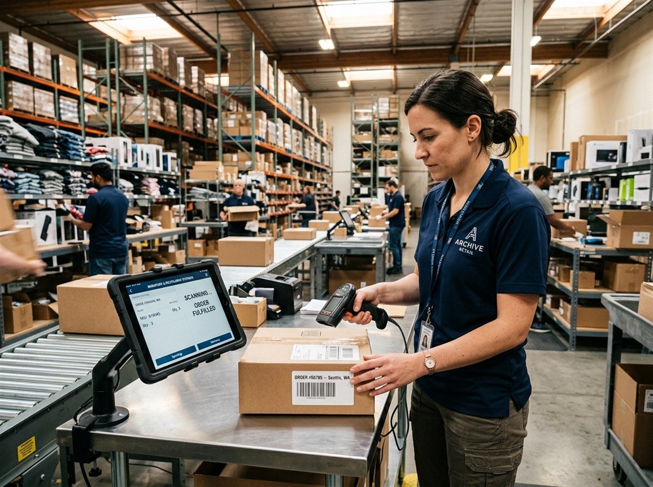 A fulfillment inventory manager scanning package barcodes and managing retail orders in a modern distribution warehouse