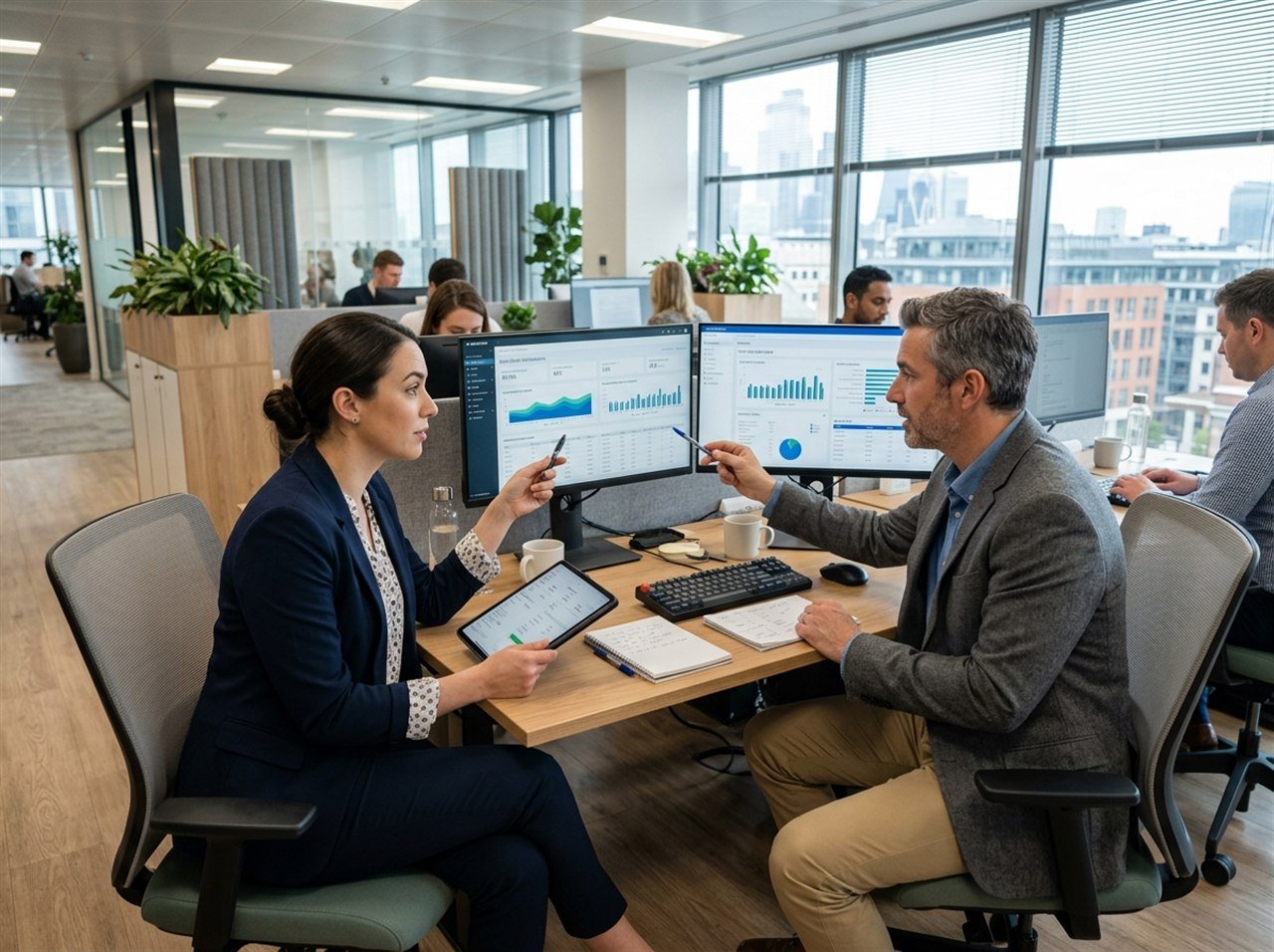 Two enterprise business managers reviewing automated ERP operations, inventory levels, and order billing data on dual monitors