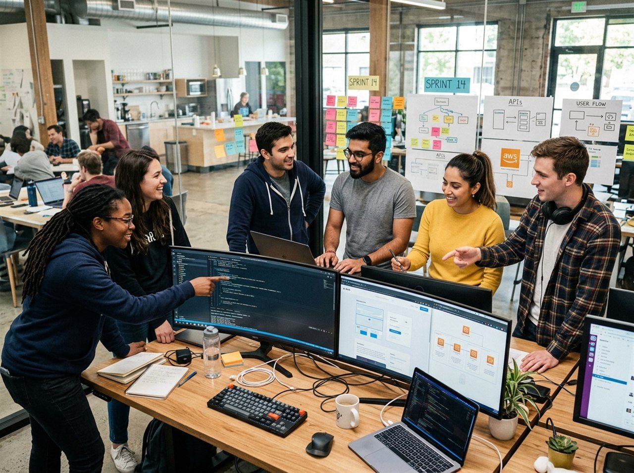 An agile tech startup engineering team collaborating around multi-monitor workstations reviewing product architecture and code