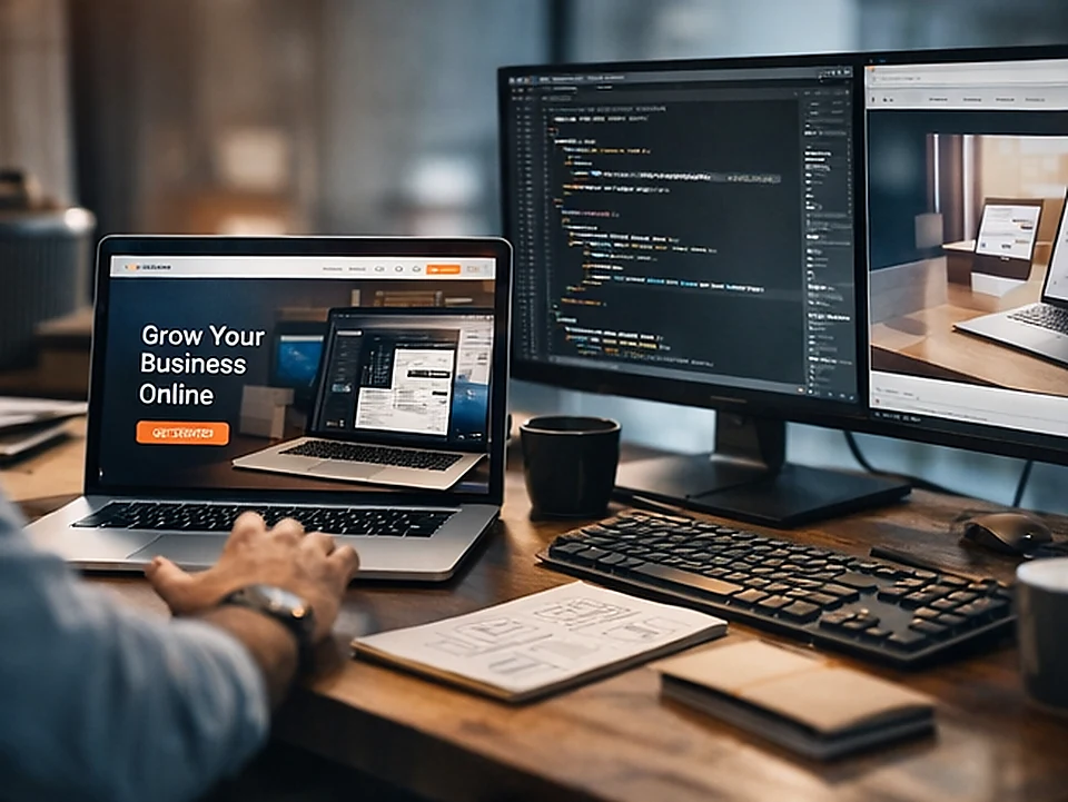 A website build in progress across a laptop and desktop display