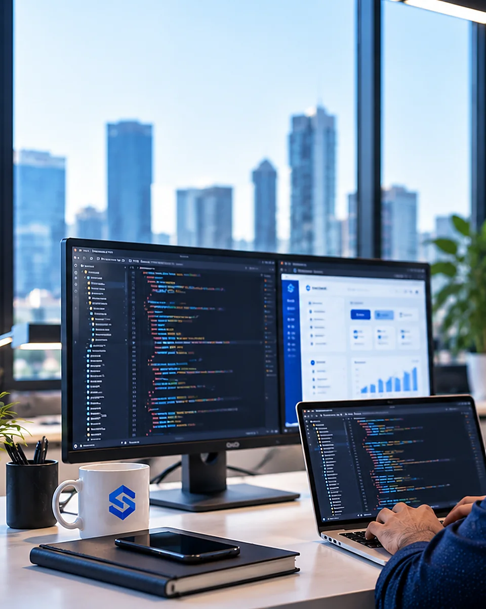 A Stackvel Solutions workstation, with a client build open across two displays