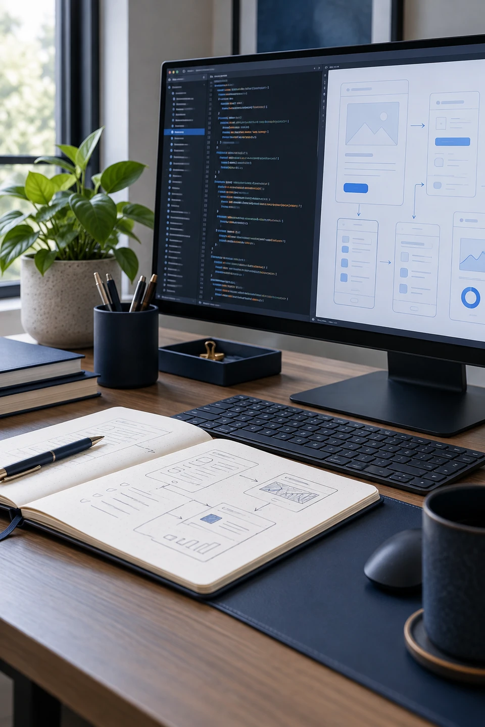 Software development workspace with a monitor and workflow sketches