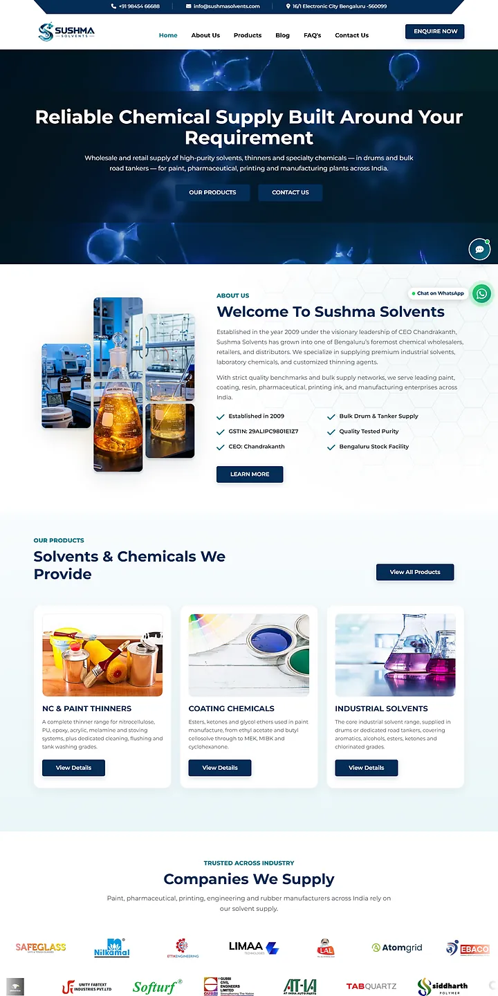 The Sushma Solvents website built by Stackvel Solutions