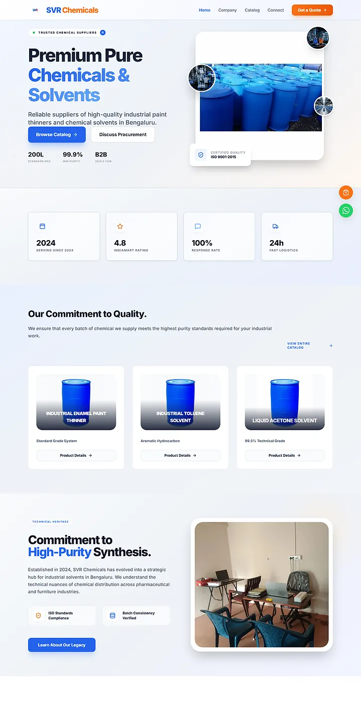 The SVR Chemicals website built by Stackvel Solutions